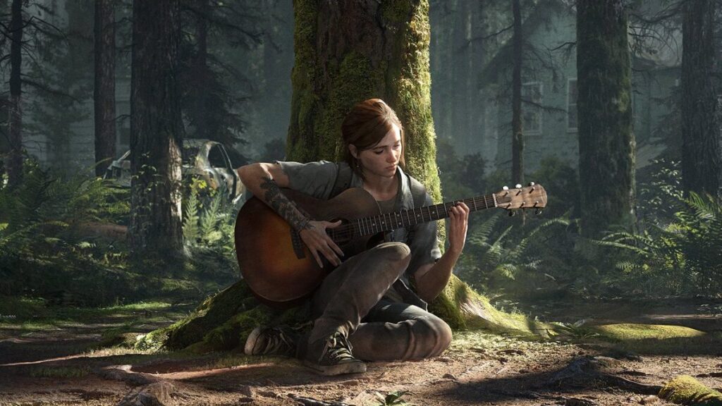 Ellie tocando violão embaixo de uma árvore