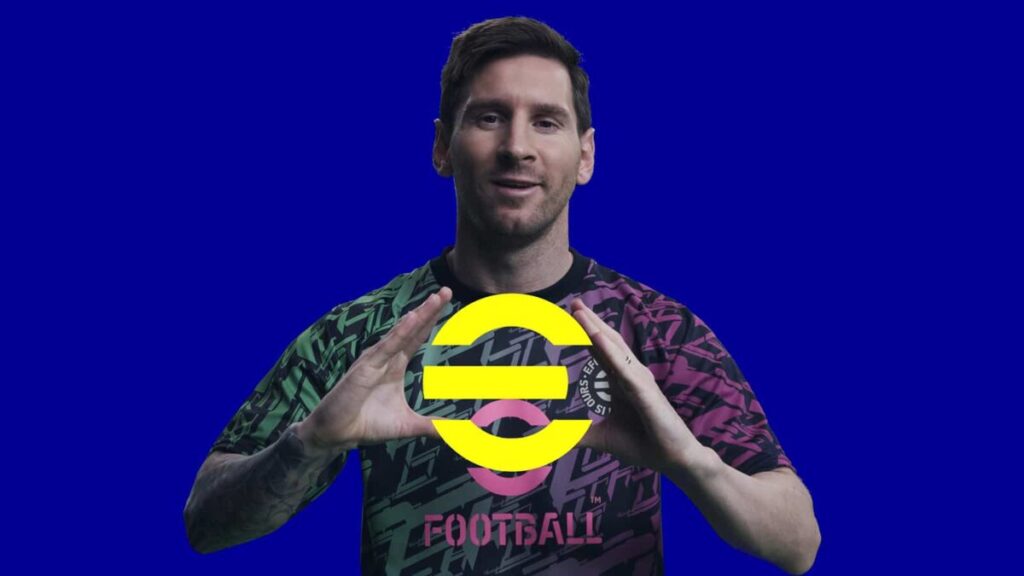 Messi segurando a logo do eFootball | Divulgação/Konami