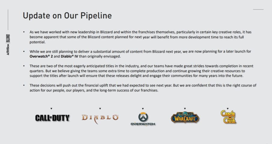Comunicado sobre o adiamento de Diablo 4 e Overwatch 2 | Divulgação/Activision Blizzard