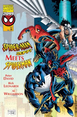 Capa da edição especial de Homem-Aranha 2099 encontrando Venon e Homem-Aranha
