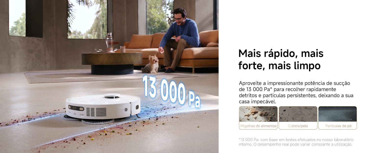 Dreame D20 Ultra aspirando migalhas, cabelo e poeira em piso frio