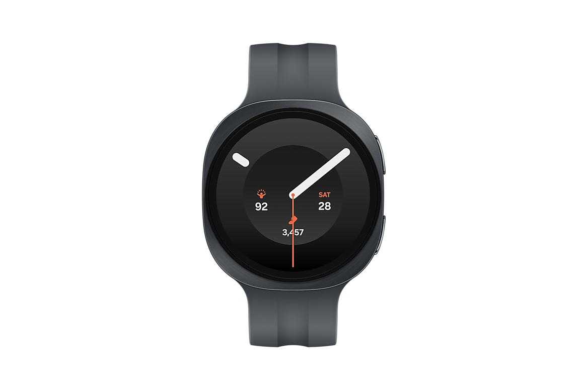 Galaxy Watch9 visto de frente com pulseira grafite