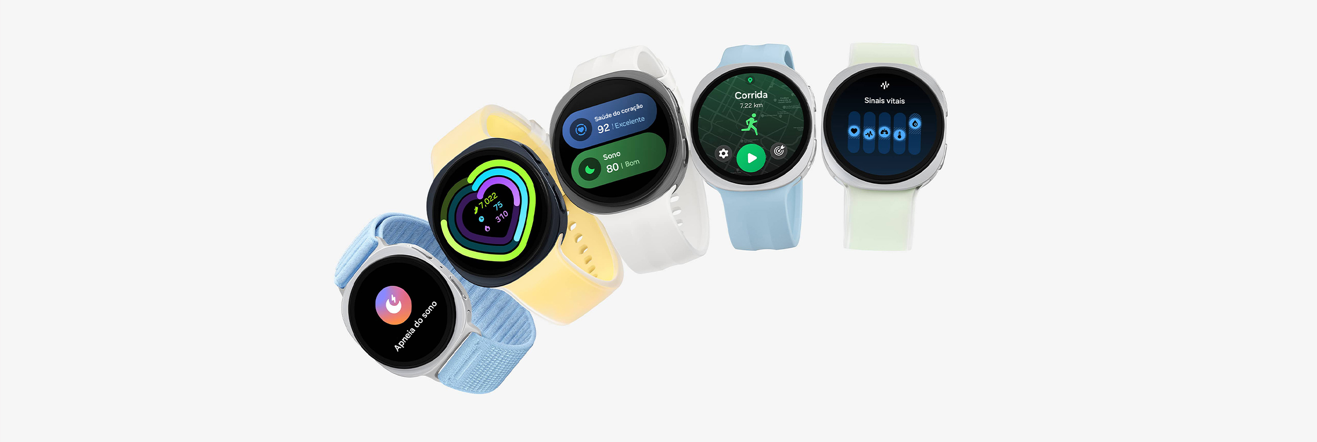 Modelos Galaxy Watch9 com diferentes pulseiras e telas