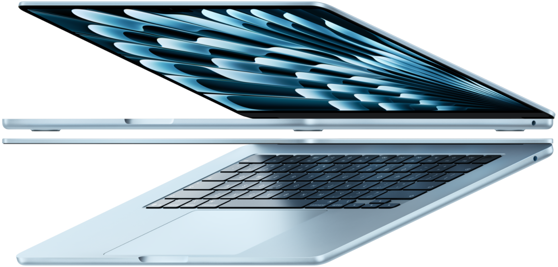 Dois MacBook Air M5 em acabamento azul-céu
