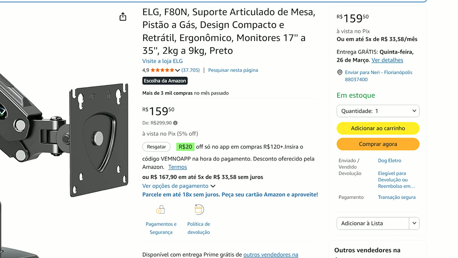 Página histórica do ELG F80N na Amazon mostrada durante o vídeo