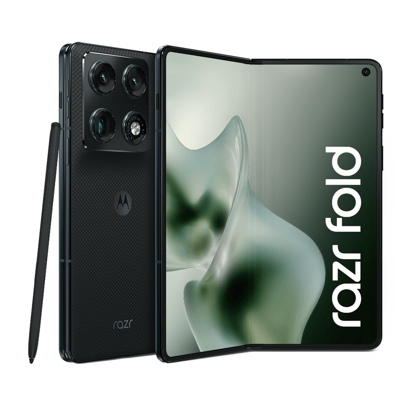 Motorola Razr Fold preto aberto ao lado da caneta em imagem da loja oficial
