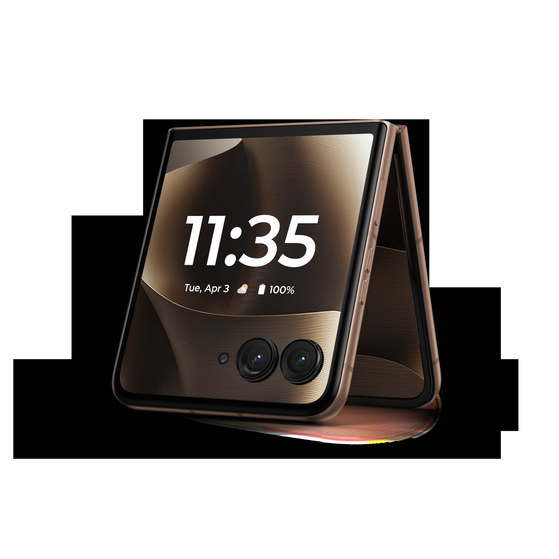 Motorola Razr 70 Ultra na cor Cocoa apoiado no modo tenda