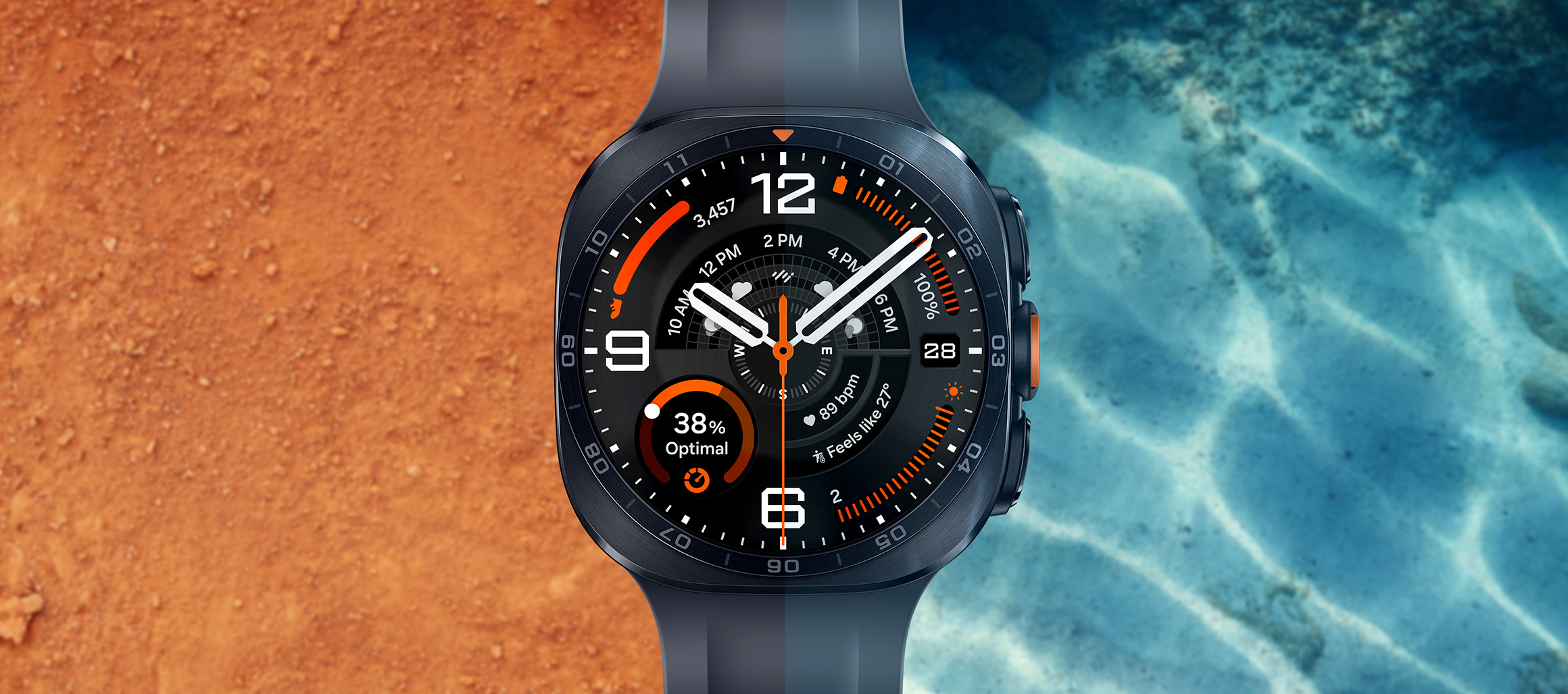 Galaxy Watch Ultra2 exibindo tela de alto brilho sob o sol