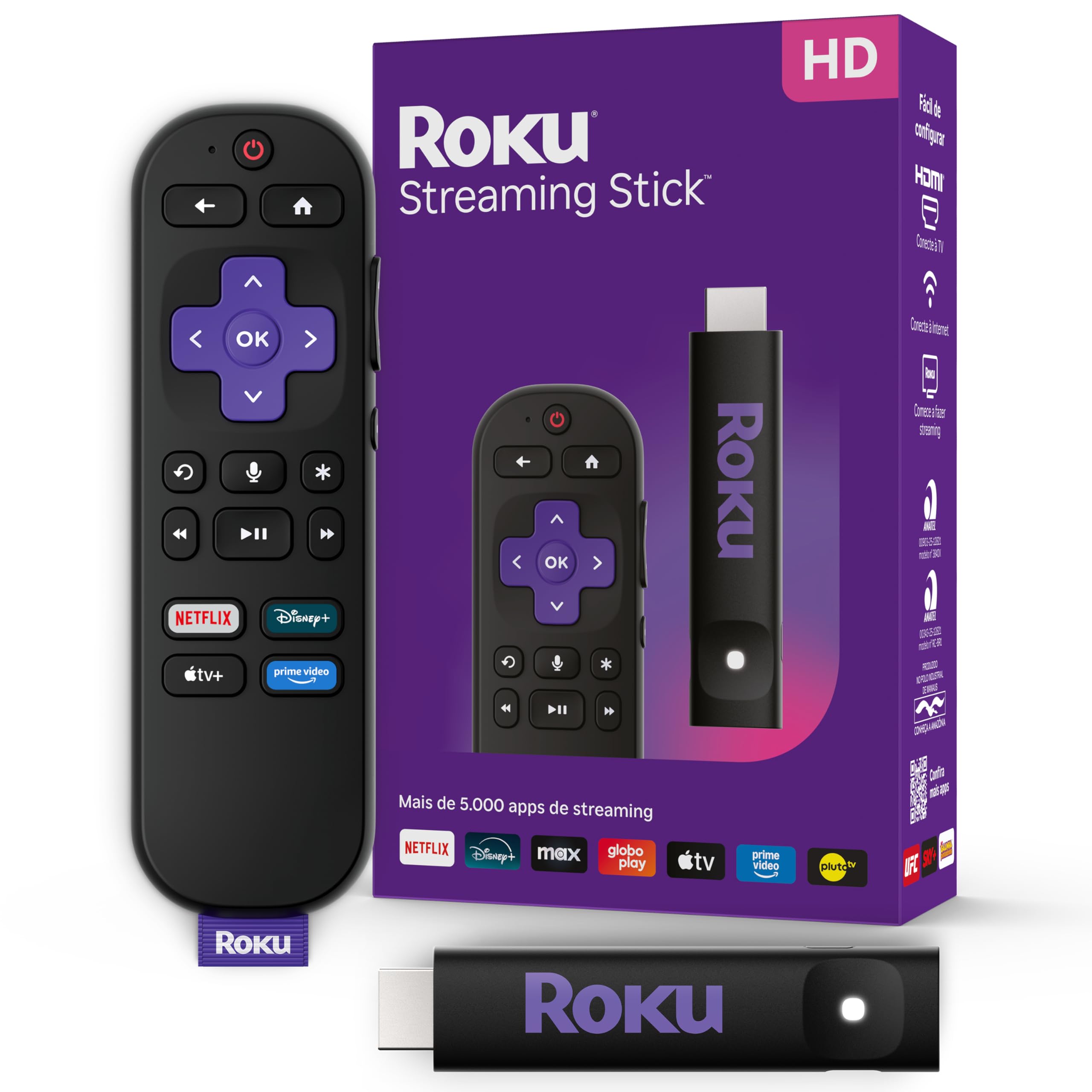 Roku Streaming Stick HD 2025 e controle remoto