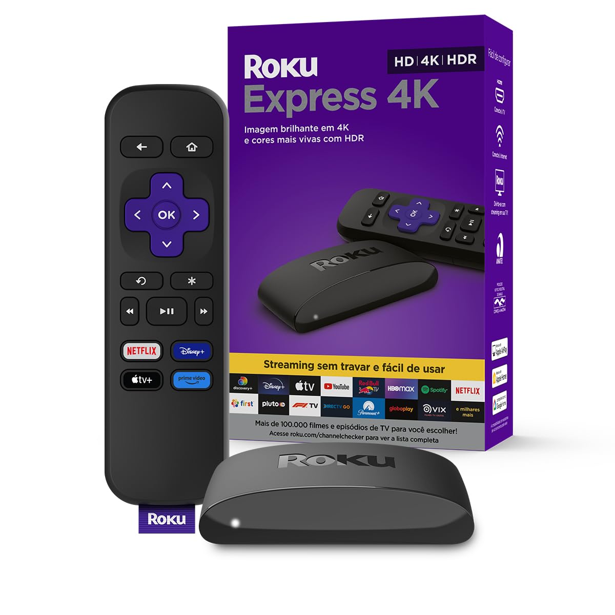 Roku Express 4K com controle e cabo HDMI