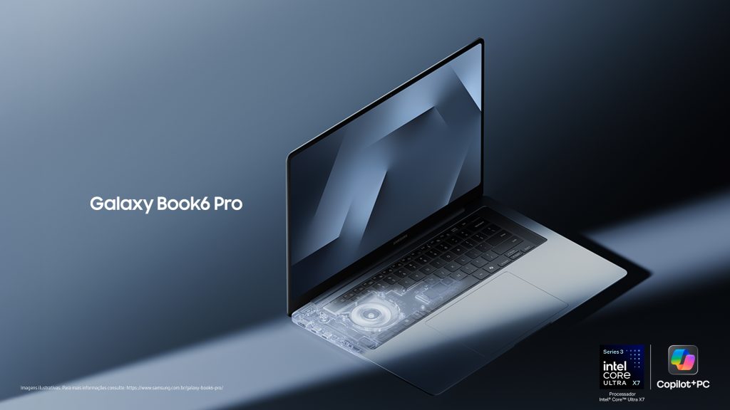 Galaxy Book6 Pro oficial em fundo cinza e azul