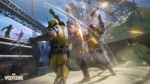 Wolverine ataca um inimigo em uma arena industrial