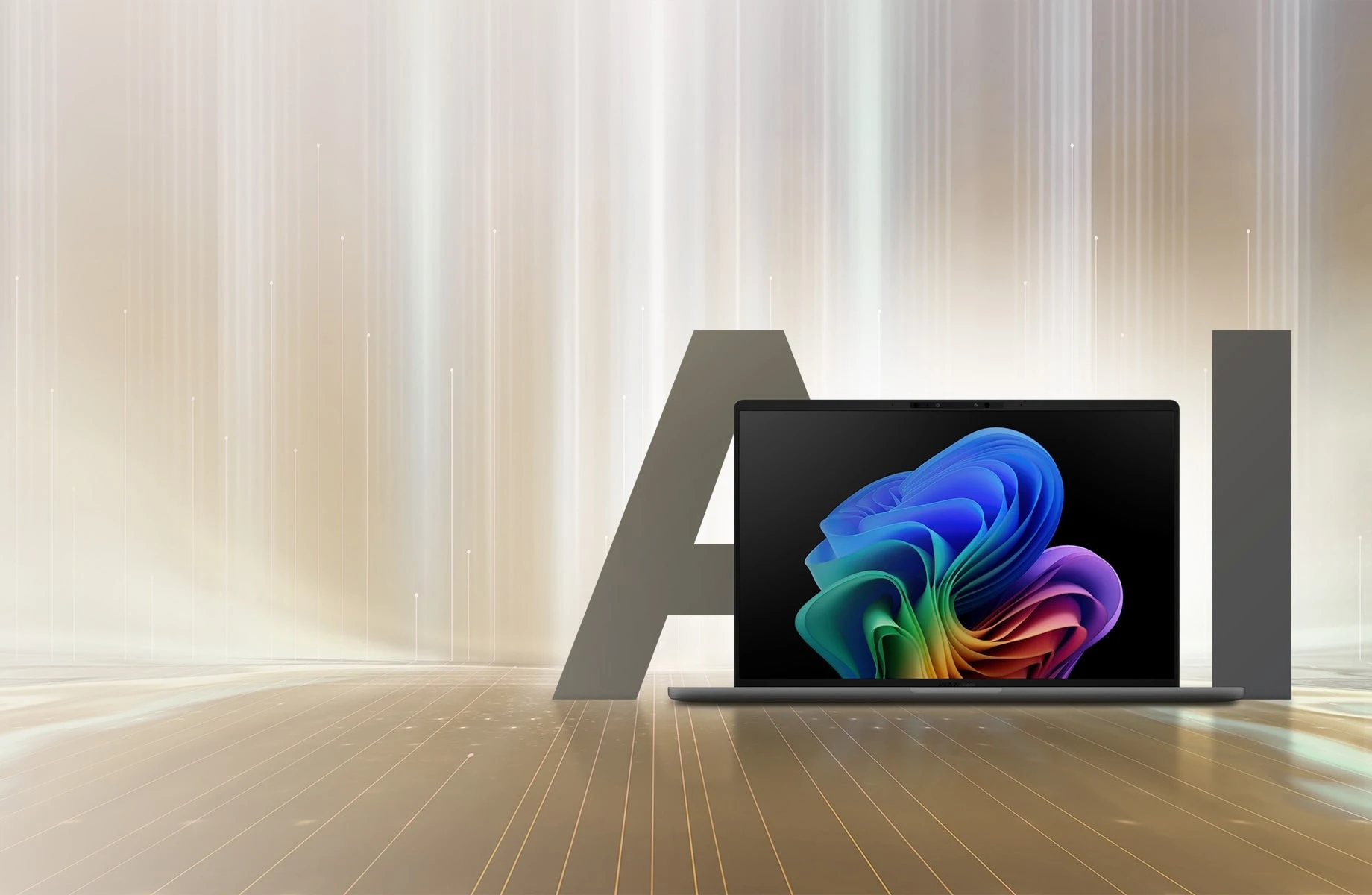 Zenbook A14 aberto com tela colorida e referência a IA